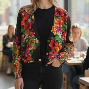 Vintage Carole Little Tropical Floral and Snakeskin Print Jeweled Button Jacket